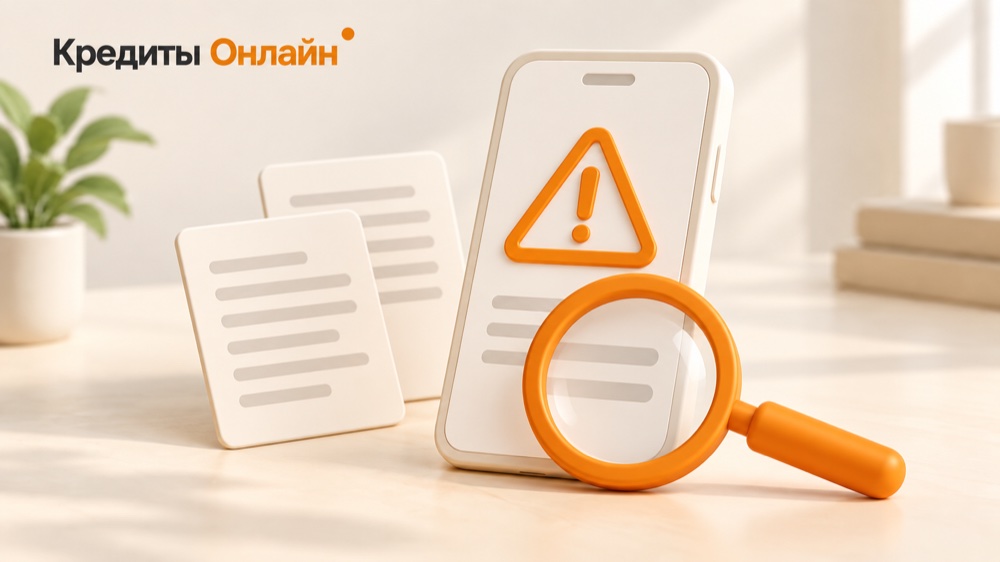 Смартфон со знаком предупреждения, лупа и документы